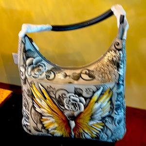 Anuschka hand painted “angel wings and flowers” bag w/ wallet